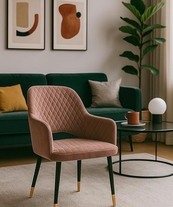 BAWARI Velvet Dining Chair | Barfi Design Accent Chair for Home Office Restaurent Cafe | Upholstered Cushion Chair with Dual Tone Legs | 1pc (Standard, Grey)