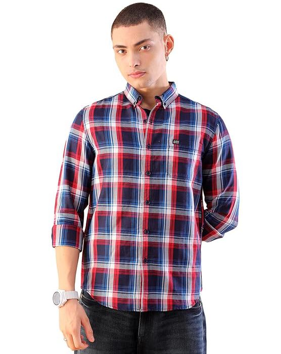 The Indian Garage Co Men's Cotton Slim Fit Checkered Full Sleeves Cutaway Collar Casual Shirt