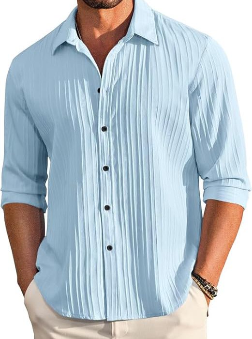 Men's Casual Cotton Plain Button Down Shirt Long Sleeve Textured Summer Beach Shirt for Men