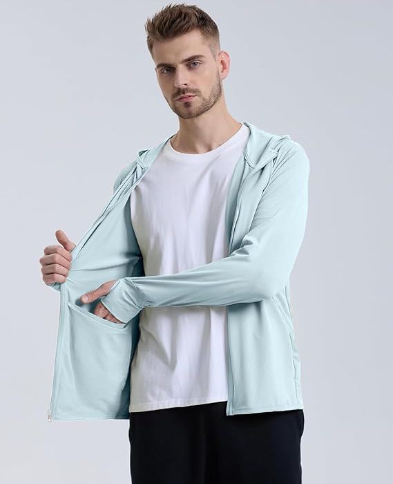 Men Full Zip Hoodie Jacket Long Sleeve Sunscreen jacket for men UV Protection UPF 50+ Lightweight Summer jacket for men sun protection For bike gym trekking