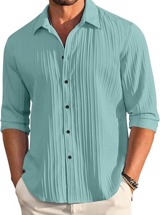 Men's Casual Cotton Plain Button Down Shirt Long Sleeve Textured Summer Beach Shirt for Men