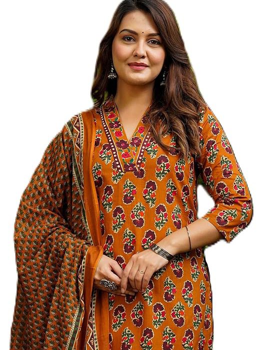 Women's Pure Cotton Printed with Handwork Kurta with Pants and Dupatta Set | Ethnic Set | Suit Set | Kurta Set | Wedding Suit Set