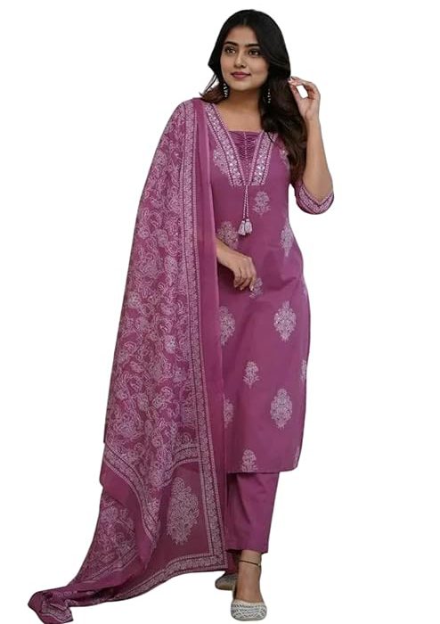 Women's Pure Cotton Printed with Handwork Kurta with Pants and Dupatta Set | Ethnic Set | Suit Set | Kurta Set | Wedding Suit Set