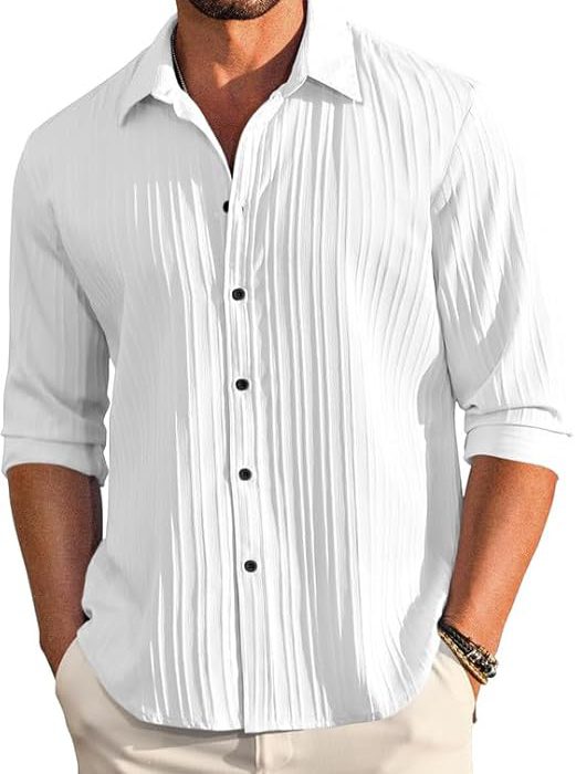 Men's Casual Cotton Plain Button Down Shirt Long Sleeve Textured Summer Beach Shirt for Men